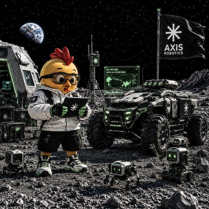 Digital artwork depicting a chicken mascot in a lab coat working on a tablet alongside robotic vehicles on a lunar surface with an Earth view and 'AXIS ROBOTICS' flag.
