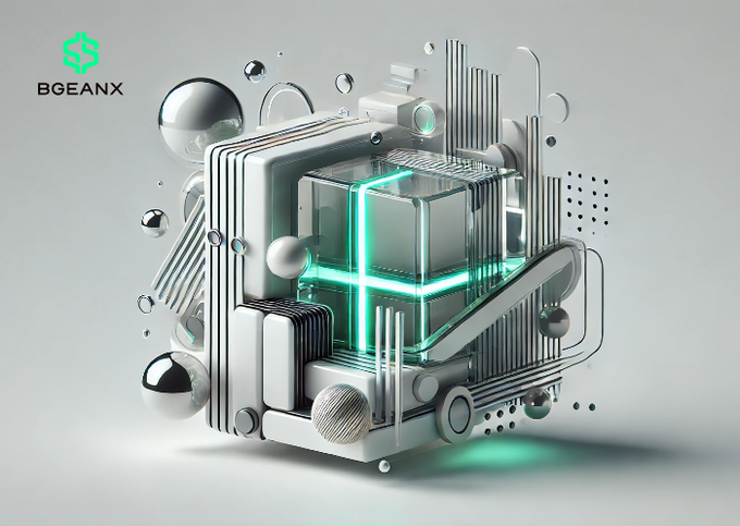 A sleek 3D-rendered futuristic mechanical device with a glowing green-lit cube at its core, branded with the BGEANX logo in the top left. The image visually reinforces the post's message of steady, trust-building system upgrades over fleeting gains, with the structured, technology-driven design symbolizing long-term reliability and "appreciation" over time.
