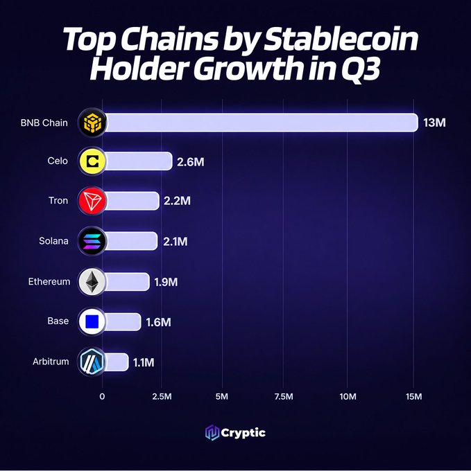 A dark-themed bar chart titled "Top Chains by Stablecoin Holder Growth in Q3" ranks BNB Chain first with 13M new holders, ahead of Celo (2.6M), Tron (2.2M), Solana (2.1M), Ethereum (1.9M), Base (1.6M), and Arbitrum (1.1M). The visual highlights BNB Chain's dominant lead, reinforcing the post's claim that it ended Q3 as the largest network by stablecoin holder growth.