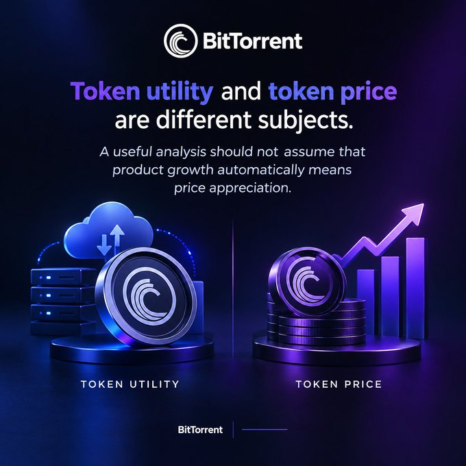 A BitTorrent infographic titled 'Token utility and token price are different subjects,' stating 'A useful analysis should not assume that product growth automatically means price appreciation,' with illustrations comparing 'TOKEN UTILITY' (cloud and data servers) to 'TOKEN PRICE' (coins and a rising bar chart).