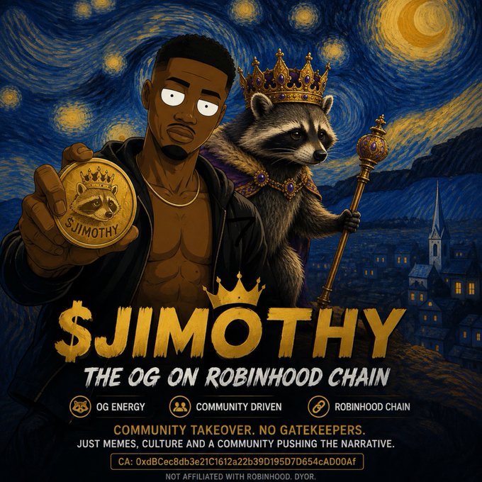 A meme-style illustration depicts a man and a crowned raccoon king holding a gold '$JIMOTHY' coin, referencing 'The OG on Robinhood Chain' with text detailing community takeover and a contract address.