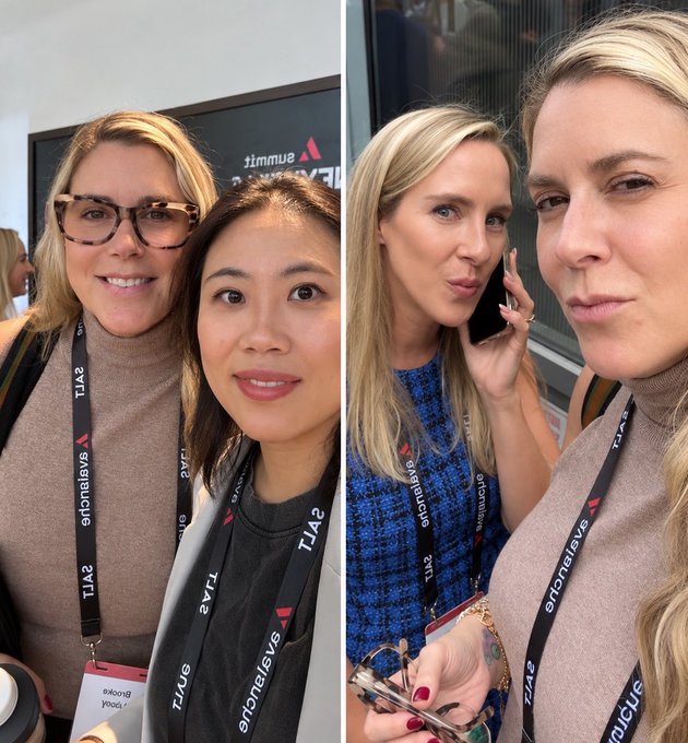 A split image showing women wearing Sysmex lanyards, appearing to be at a corporate event; the right side shows two blonde women, one talking on a phone.