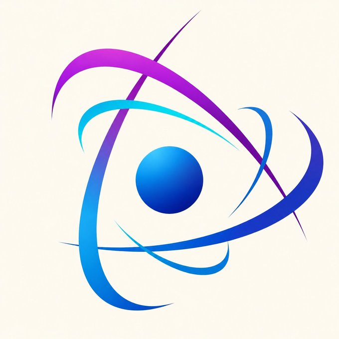 An abstract digital illustration depicts a blue sphere surrounded by swirling purple, cyan, and blue curved lines against a cream background.