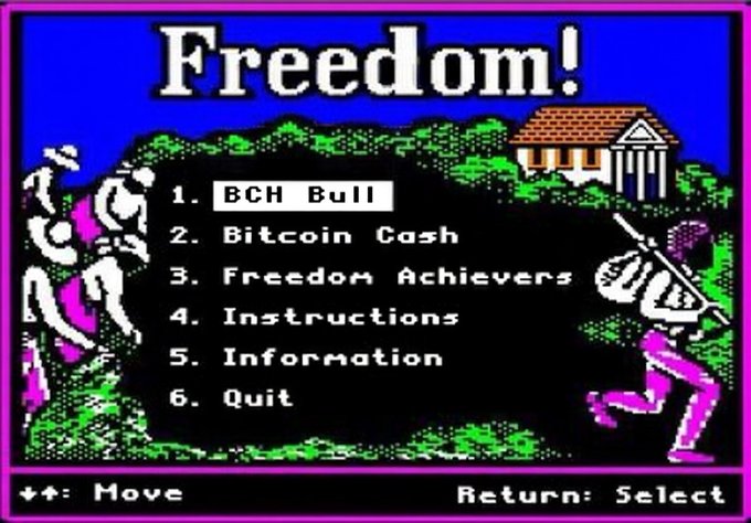 The image shows a poster for a video game called "Freedom!". The poster features a cartoon character holding a sign that reads "BCH Bull", indicating that the game is about investing in bulls. The poster also includes information about the game's objectives, such as increasing freedom and achieving financial success through bull investments.
