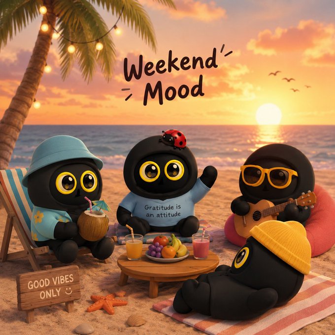 A 'Weekend Mood' illustration showing four cute black characters relaxing on a beach at sunset, wearing sunglasses, a hat, and a t-shirt that reads 'Gratitude is an attitude', with a 'GOOD VIBES ONLY' sign nearby.