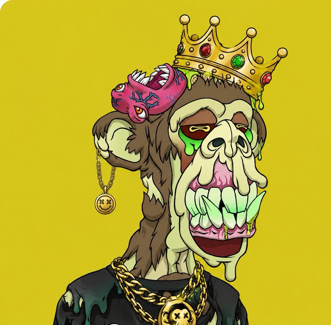 A cartoon illustration of a bulldog character wearing a golden crown with jewels, gold chains with a medallion, and a small pink creature on its head, set against a yellow background.