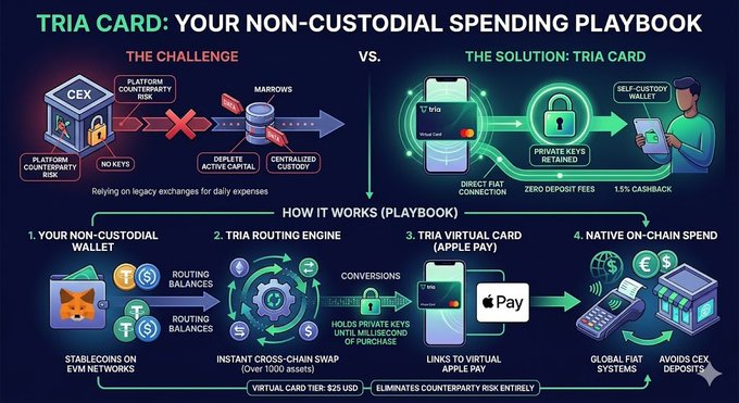 The image shows a visual representation of the Tria Card gameplay, which allows non-custodial players to access centralized exchange custody rails using their card. This enables direct global fiat systems bypassing exchanges, bypassing centralized payment processing systems that rely on banks and other middlemen like PayPal. The video game demonstrates this by showing different scenarios where a player's non-custodial wallet is connected directly to the global fiat systems via routing engine transactions. Players can play the game using an iPhone app or computer, which would allow them to experience this bypass in a fun and interactive manner.