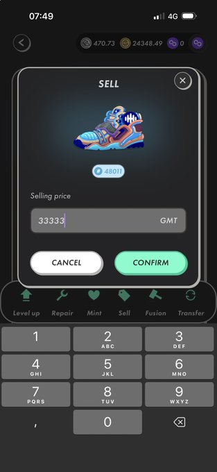 The image shows a smartphone screen displaying an app called "Stepn", which appears to be selling shoes. There are two options available, one of which is a blue shoe with a pink sole. The other option is a black shoe with a white sole. The price for each shoe is $37.97 and $39.95 respectively. A button labeled "Sell" is located in the top right corner of the screen, while another button labeled "Confirm" can be found in the bottom left corner.