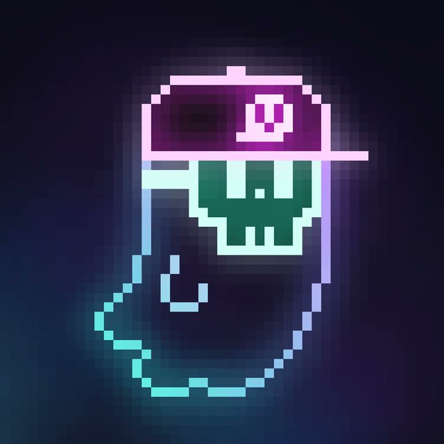 Pixel art illustration of a character with a glowing purple and green skull-like face design against a dark background.