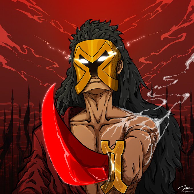 A digital illustration of a warrior wearing a gold X-shaped mask, holding a red-bladed sword against a dark red sky with spears in the background.
