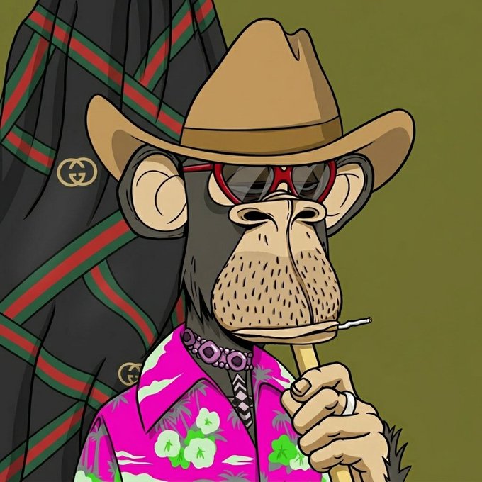 A stylized cartoon illustration of a cool monkey wearing a cowboy hat, red sunglasses, a pink floral Hawaiian shirt, and a beaded necklace, with Gucci-patterned backdrop.