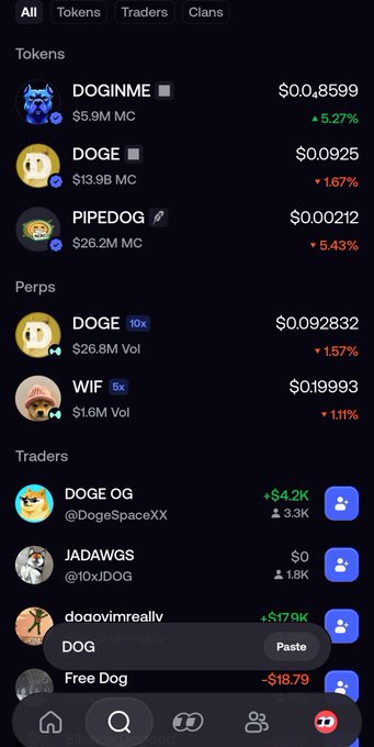 A cryptocurrency trading app interface displays tokens including DOGINME ($0.08599), DOGE ($0.0925), and PIPEDOG ($0.00212), along with perps for DOGE and WIF, and traders like DOGE OG and JADAWGS.