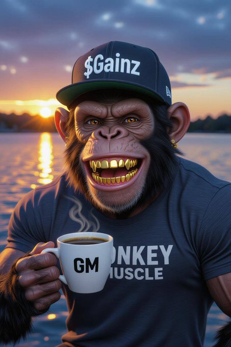 A digitally rendered chimpanzee wearing a "$Gainz" cap, gold grills, and a "GM MONKEY MUSCLE" t-shirt holds a "GM" mug while sitting by a sunset-lit body of water.