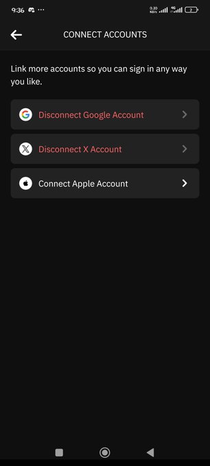A mobile phone screenshot of a 'CONNECT ACCOUNTS' settings page showing options to 'Disconnect Google Account', 'Disconnect X Account', and 'Connect Apple Account' on a dark interface.