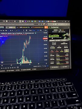 A laptop displays a trading chart with the ticker "ANSEM" featured prominently on a meme coin tracker, showing a sharp upward price spike. The image illustrates the poster's claim about their $ANSEM holdings gaining significant value as the meme coin rallies.