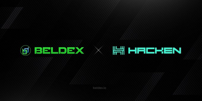 A partnership announcement graphic featuring the logos 'BELDEX' and 'HACKEN' separated by an X, with 'beldex.io' displayed at the bottom on a black background.
