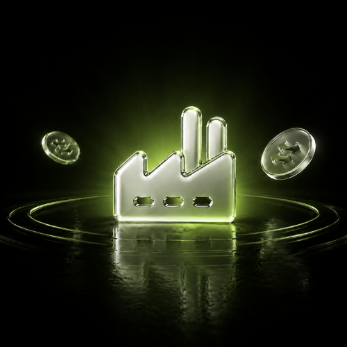 A glowing green factory icon floats above a dark reflective surface, flanked by two floating coins, visually representing the launch of the "Pons factory" launchpad. The image's industrial symbolism reinforces the post's announcement of a new token-building platform on the Pons ecosystem.