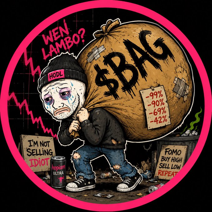 A tearful cartoon figure wearing a "HODL" beanie carries a massive "$BAG" showing losses of -99%, -90%, -69%, and -42%, with signs reading "I'M NOT SELLING IDIOT" and "FOMO BUY HIGH SELL LOW REPEAT," under the text "WEN LAMBO?" — visually satirizing the delusional optimism of a crypto bag-holder refusing to capitulate despite catastrophic losses.