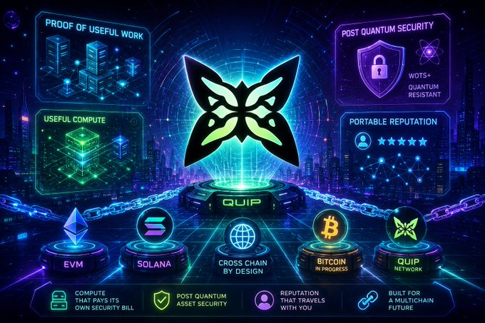 The image features a vibrant and colorful poster promoting a new cryptocurrency called Quip. The poster showcases various elements related to the Quip network, including logos, icons, and text that provide information about the project's purpose and features. The poster also includes a list of Quip-related terms such as "proof of use", "proof of work", "portable reputation", "cross chain transfer", and "asset security". The overall design is visually appealing and captures the attention of potential users, making it an effective marketing tool for promoting Quip's innovative approach to cryptocurrency.