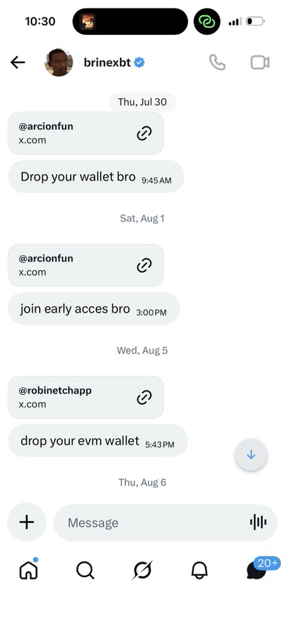 A screenshot of Instagram DMs from verified user "brinexbt" sending three suspicious NFT mint links (@arcionfun twice and @robinetchapp), each followed by messages like "Drop your wallet bro," "join early acces bro," and "drop your evm wallet," visually confirming the post's claim of consistent scam NFT mint link outreach.