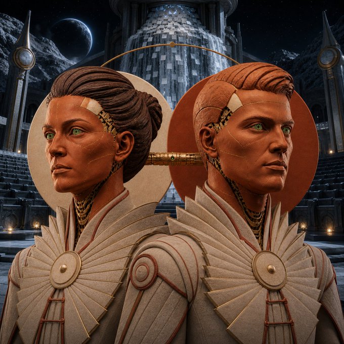 A sci-fi digital artwork features two android-like figures with green eyes and orange-toned skin, wearing matching beige uniforms against a backdrop of a futuristic tower and a planet.