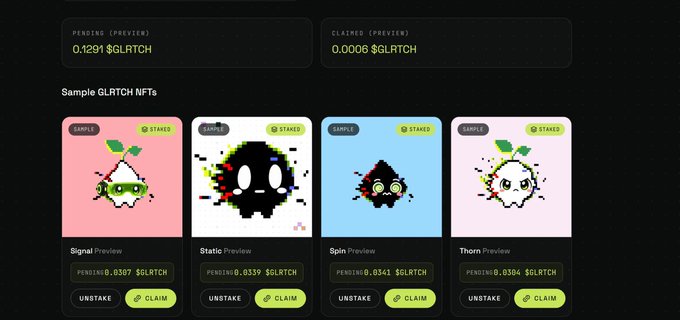 A staking interface preview showing four sample GLRTCH NFTs (Signal, Static, Spin, and Thorn) with pending rewards of 0.0307, 0.0339, 0.0341, and 0.0304 $GLRTCH respectively, alongside a total pending balance of 0.1291 $GLRTCH and 0.0006 $GLRTCH claimed. The image illustrates the test staking experience mentioned in the post, displaying options to unstake or claim rewards for each staked NFT before full launch.