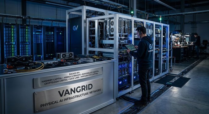 A man in a dark hoodie works on server racks in a data center labeled 'VANGRID - PHYSICAL AI INFRASTRUCTURE NETWORK' with backing from HashKey Capital, Animoca Brands, and others.