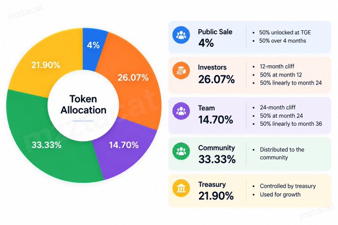 A pie chart titled 'Token Allocation' from rizz2cat showing distribution: Public Sale 4%, Investors 26.07%, Team 14.70%, Community 33.33%, and Treasury 21.90%, with vesting details for each category.