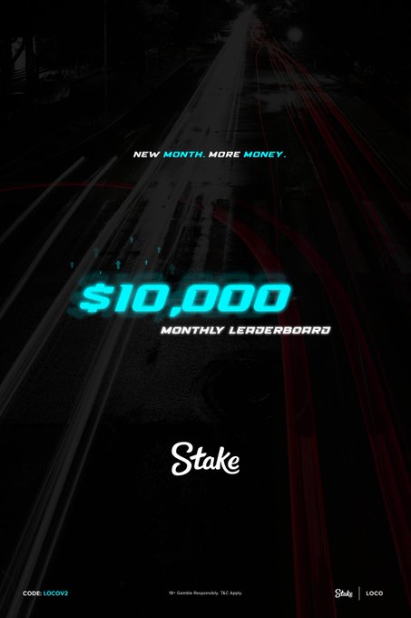 A promotional graphic with a dark, wet street background and red light trails, featuring the text 'NEW MONTH. MORE MONEY.', '$10,000 MONTHLY LEADERBOARD', and the logos for Stake and LOCO.
