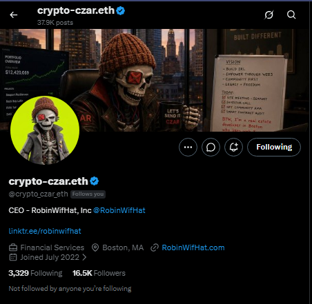 The image shows a Twitter/X profile for "crypto-czar.eth" (@crypto_czar_eth), who is the CEO of RobinWifHat, featuring a skeleton avatar wearing a beanie and the platform's "BUILT DIFFERENT" branding alongside a "Vision" board listing "BUILD 35K," "EXPLODE THROUGH WEB3," and "COMMUNITY FIRST."

The profile's focus on meme coin creation, community building, and the RobinWifHat branding directly ties to the "Good luck with the mint!" post, suggesting the profile is rallying followers ahead of a new NFT or token launch.