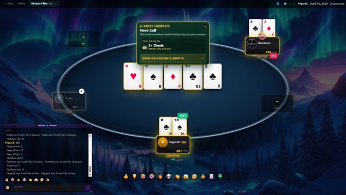 A screenshot of an online card game (Olympus 5-Blind) showing a completed quest titled 'Hero Call' with a 2+ Chests reward, displaying community cards and player hands on an aurora-themed table background.