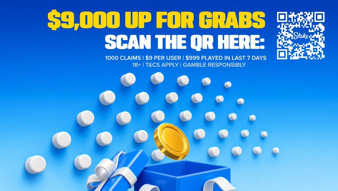 A promotional graphic on a blue background displays "$9,000 UP FOR GRABS" alongside a QR code and "SCAN THE QR HERE:" text, with "1000 CLAIMS | $9 PER USER | $999 PLAYED IN LAST 7 DAYS | 18+ | T&CS APPLY | GAMBLE RESPONSIBLY" listed below and a gold coin bouncing through white pegs into a blue box at the bottom. The image directly illustrates the post's message, as the bouncing gold coin visually represents the surprise element of Plinko gameplay, where players watch their prize drop unpredictably through a field of pegs—making every drop a thrilling gamble.