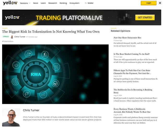 The Yelllow website displaying an opinion article titled 'The Biggest Risk In Tokenization Is Not Knowing What You Own' by Chris Turner, alongside related articles about stablecoins, AI, and tokenization trends.