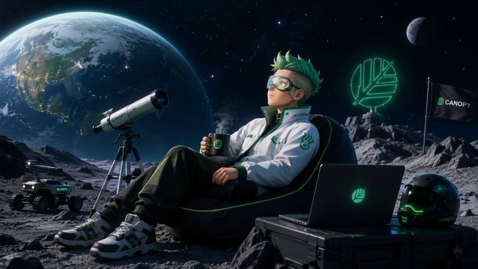 A stylized 3D illustration of a green-haired anime character relaxing on a beanbag on the lunar surface with Earth in the background, holding a mug beside a telescope, laptop, and rover, with a CANOPY logo and a neon leaf sign.
