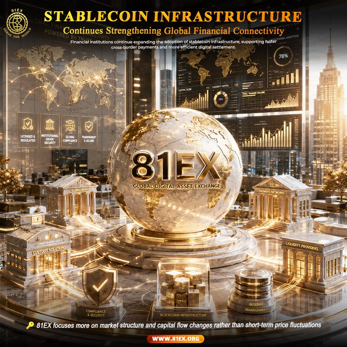 A promotional graphic for 81EX Global Digital Asset Exchange featuring a golden globe with the "81EX" branding, surrounded by stylized bank buildings and data dashboards highlighting key metrics like "70%" adoption, with text emphasizing stablecoin infrastructure strengthening global financial connectivity and supporting faster cross-border payments and digital settlement.