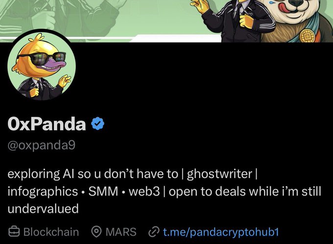 Twitter profile for 'OxPanda' (@oxpanda9), an AI ghostwriter and SMM with a duck avatar, showing bio text 'exploring AI so u don't have to | ghostwriter | infographics • SMM • web3 | open to deals while i'm still undervalued' and a Telegram link.