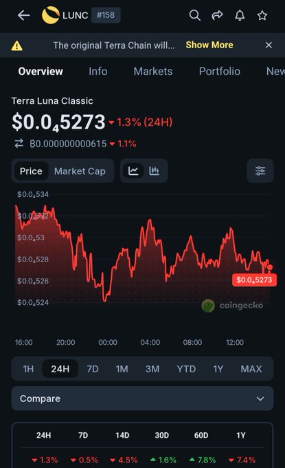 A CoinGecko price tracking screen for Terra Luna Classic (LUNC #158) showing a price of $0.05273, down 1.3% over 24H, and a red downward price chart.