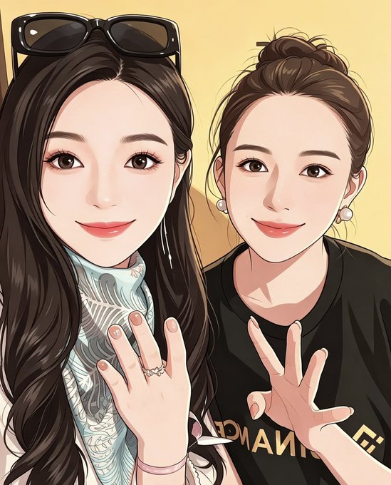 An anime-style illustration of two smiling young women posing together; one wears sunglasses on her head and a ring, while the other wears a black shirt with "GIVENCHY" text.