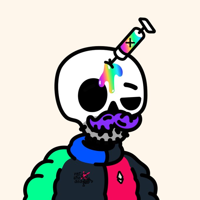 A cartoon skeleton character with a purple mustache and rainbow-colored paint dripping down its face, wearing a colorful jacket with an Ethereum logo.