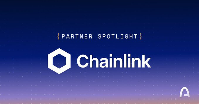 A promotional graphic displaying '{ PARTNER SPOTLIGHT }' above the Chainlink logo on a dark blue starry background.