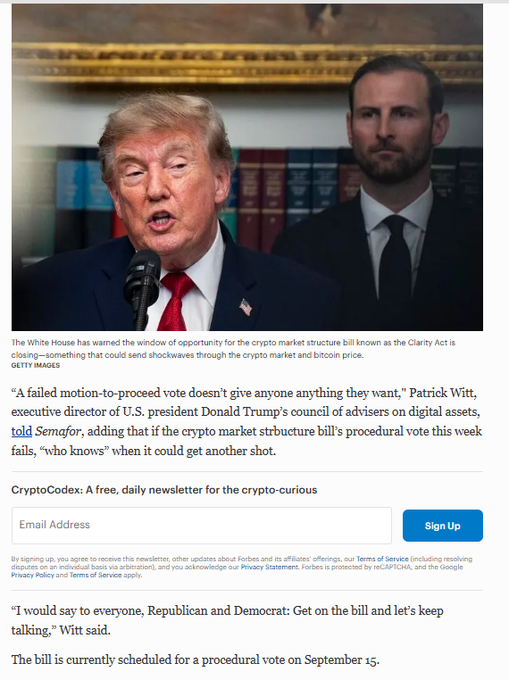 A Forbes news article featuring Donald Trump speaking at a podium, with text about the crypto market structure bill known as the Clarity Act and a quote from Patrick Witt, executive director of U.S. president Donald Trump's council of advisers on digital assets.