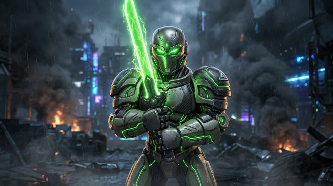A futuristic armored warrior with glowing green eyes and a glowing green sword in a destroyed city setting.