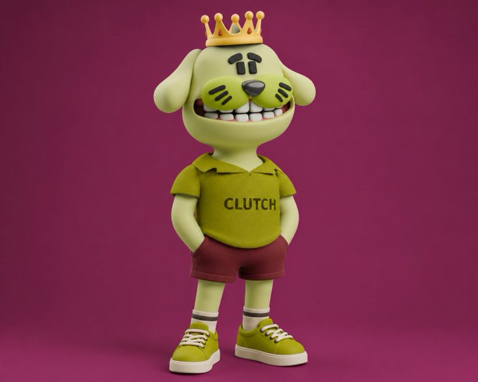 A 3D-rendered green cartoon dog mascot wearing a gold crown, a yellow "CLUTCH" shirt, red shorts, and green sneakers, standing against a magenta background.
