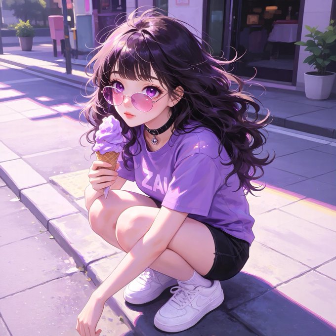 An anime girl wearing pink sunglasses and a purple shirt with "ZAV" visible, enjoys an ice cream cone, embodying the spirit of exploring and discovering new possibilities. This imagery aligns with the post's message of keeping an open mind for future adventures.