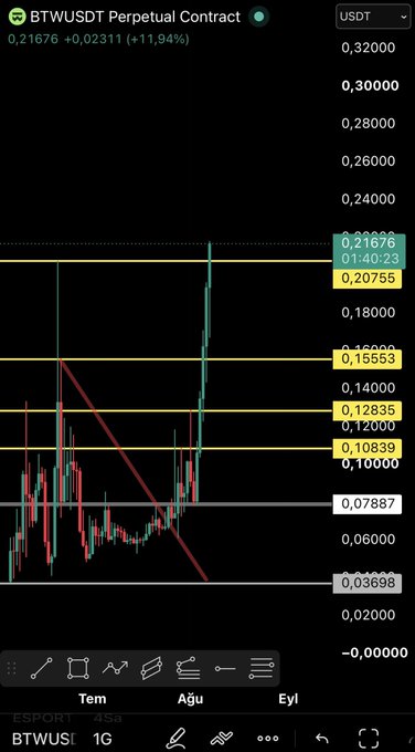 The image shows a cryptocurrency chart for BTWUSDT Perpetual Contract, which has reached a new all-time high of 0.21676, up 11.94%.