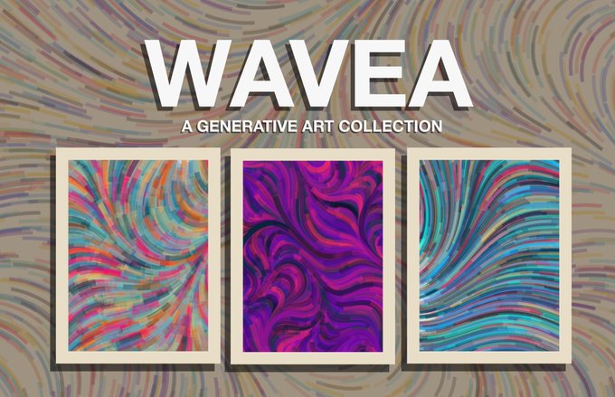 Promotional graphic for "WAVEA - A Generative Art Collection" featuring three framed abstract artworks with swirling colorful patterns against a matching textured background.