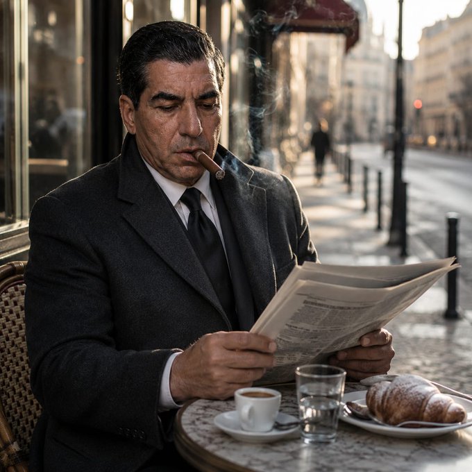A man in a dark suit smokes a cigar while reading a newspaper at a Parisian sidewalk café, with a coffee cup, water glass, and croissant on his table. The image pairs with the "GM!" (Good Morning) post to evoke a relaxed, contemplative start to the day, fitting the optimistic tone of watching for opportunities as markets open.