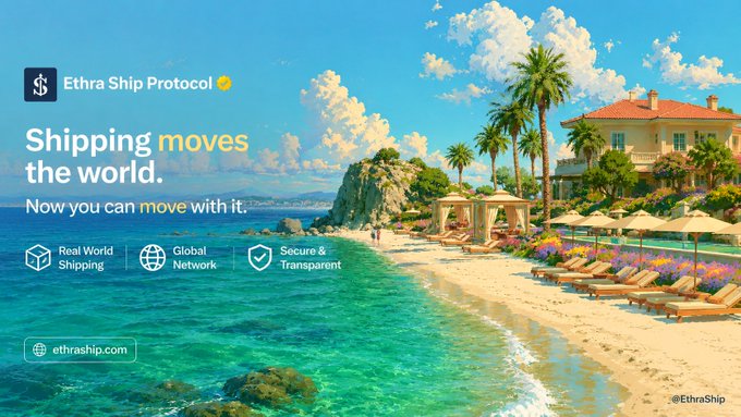 Promotional banner for **Ethra Ship Protocol ($SHIP)** featuring a luxurious beachside villa scene with the tagline "Shipping moves the world. Now you can move with it," highlighting features like Real World Shipping, Global Network, and Secure & Transparent, alongside key tokenomics details including a 1 billion fixed supply with only 12.75% in circulation post-TGE and a 12-month founder cliff.