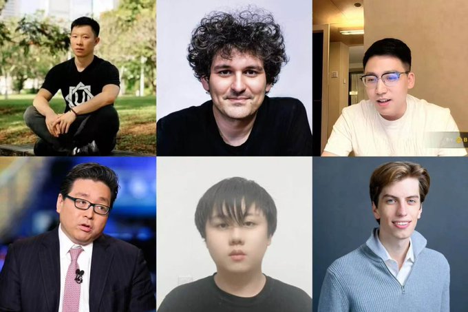 A collage of six headshot-style portraits of young men, likely featuring crypto industry figures. The arrangement of professional and casual portraits corresponds to the post's theme, visually showcasing the individuals who have "graduated" from the crypto circle.