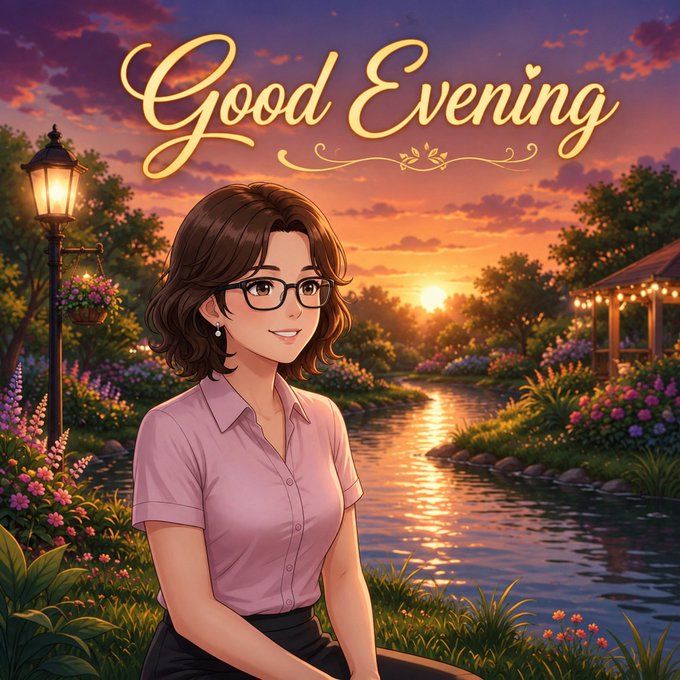 An animated woman with glasses sits peacefully beside a tranquil river at sunset, with elegant "Good Evening" script overhead, while a glowing lamppost and string-lit pavilion frame the serene scene—evoking the calm confidence of steady, behind-the-scenes progress that mirrors the post's theme of QuipNetwork quietly building post-quantum infrastructure while others merely debate.
